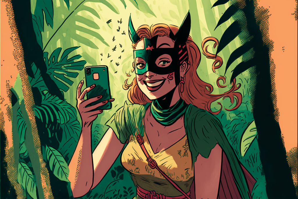 A woman is holding up a phone in the jungle